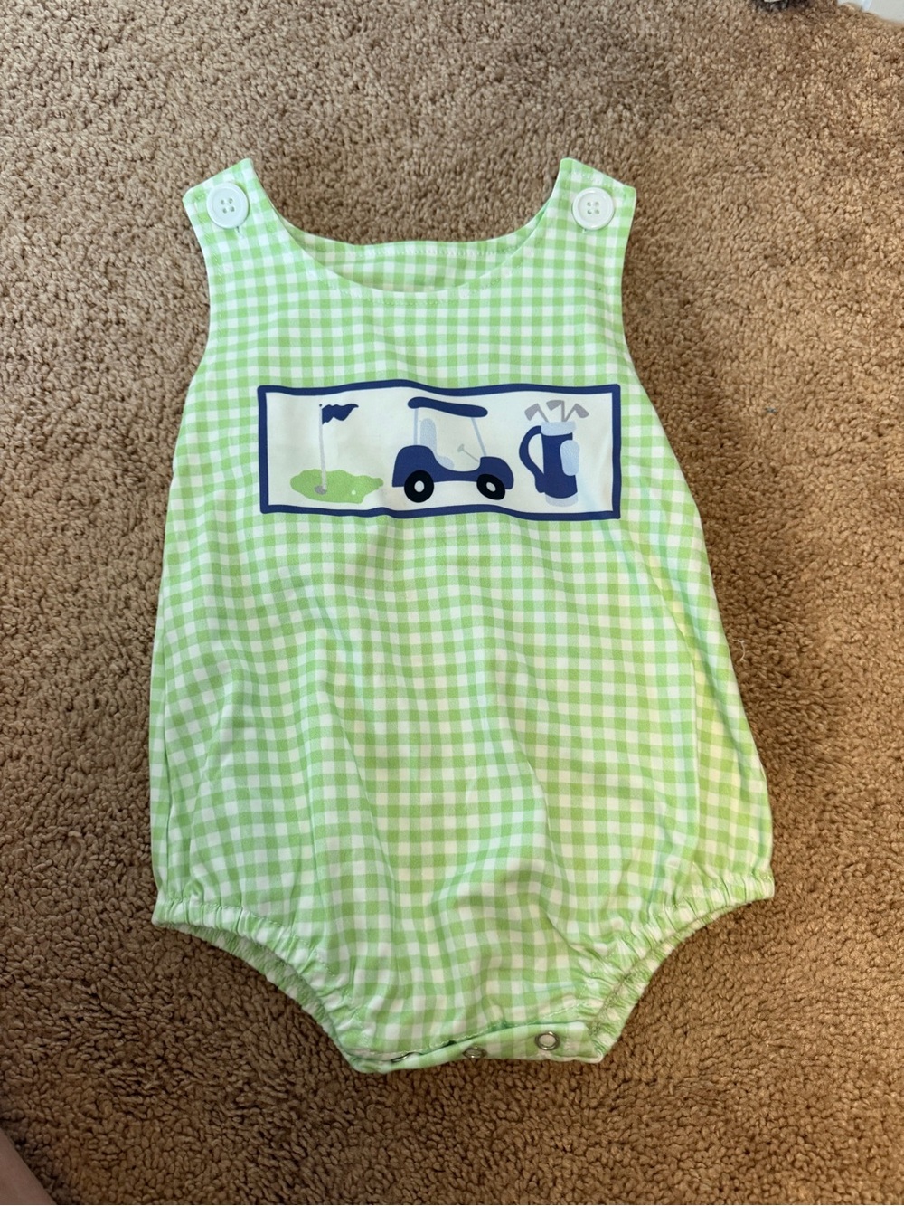 Green Gingham Baby Romper with Golf Motif